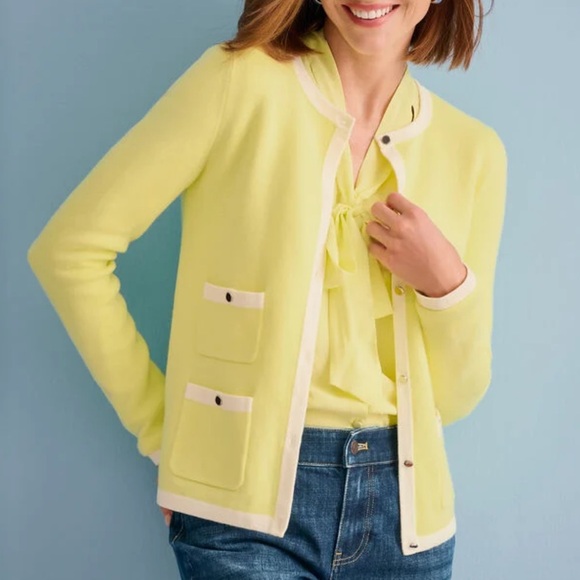 Talbots GRACE CARDIGAN TIPPED Lemon yellow Cardigan White Trim Womens M NWOT